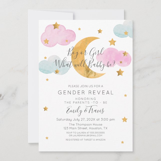 Invitación Moon & Stars theme Gender Reveal Boy or Girl (Anverso)