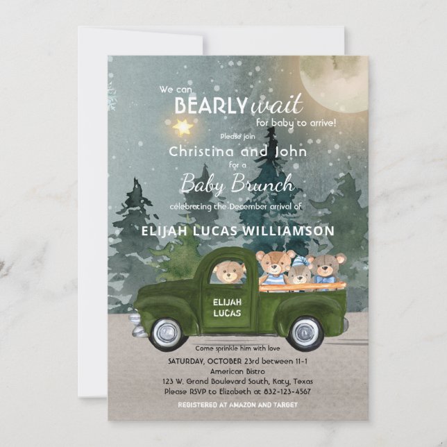 Invitación Moon y Baby Shower de Teddy Bear Green Truck (Anverso)