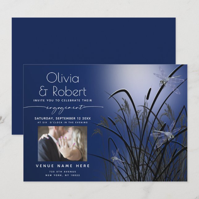 Invitación Moonlight Dragonfly de Royal Blue Glow Engagement (Anverso / Reverso)