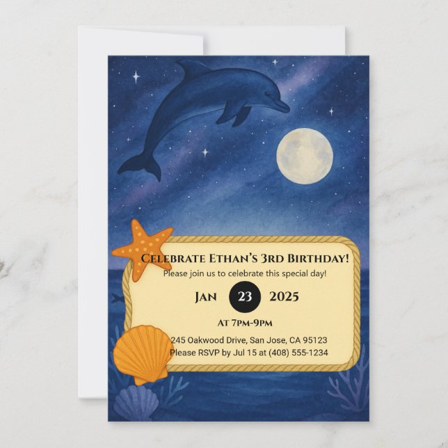 Invitación Moonlit Dolphin & Ocean Night Scene Birthday  (Anverso)