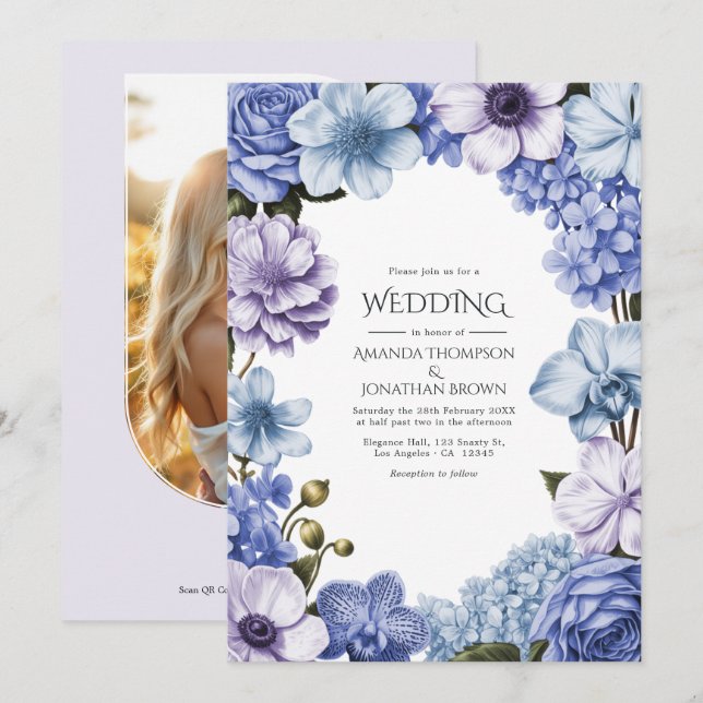 Invitación Moonlit Periwinkle/Soft Haze Blue/Alabaster Lilac (Anverso / Reverso)