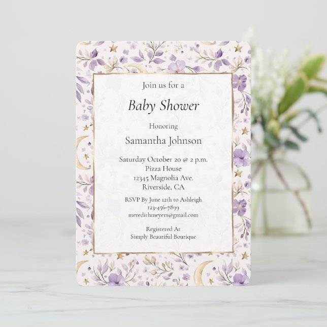 Invitación Moons Stars & Purple Flowers Baby Shower (Anverso de pie)
