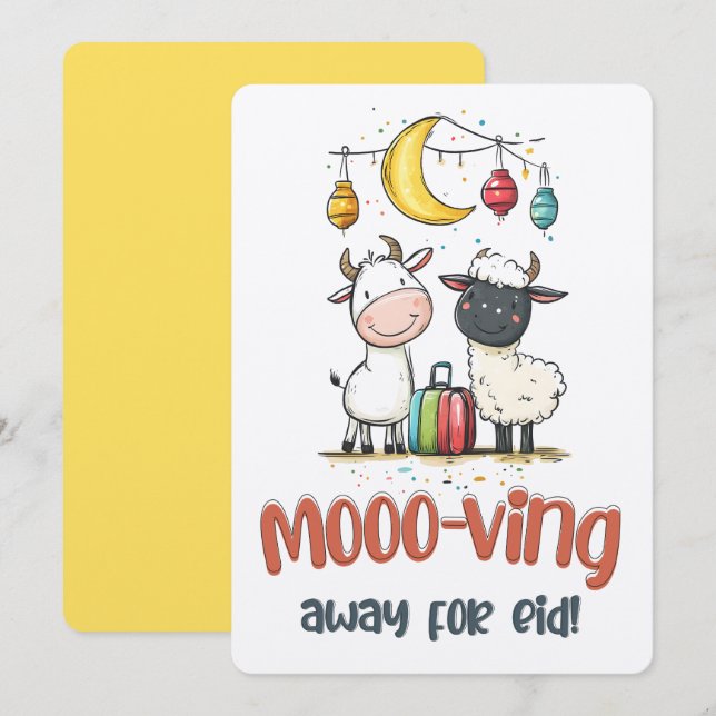 Invitación Mooo-ving Away para Eid | Cow y Sheep Pun divertid (Anverso / Reverso)