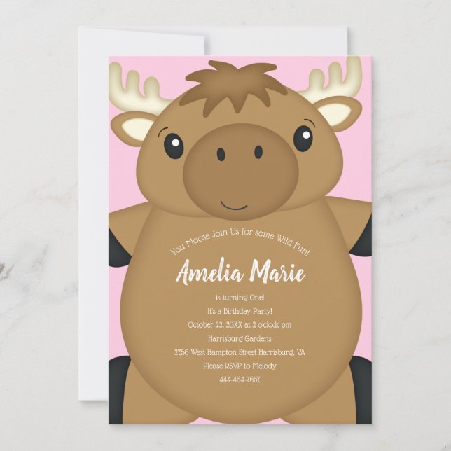 Invitación Moose Birday Party Pink (Anverso)