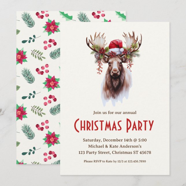 Invitación Moose en Santa Hat Poinsettias Navidades Fiesta I (Anverso / Reverso)