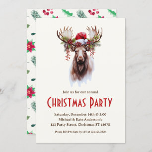 Invitación Moose en Santa Hat Poinsettias Navidades Fiesta I