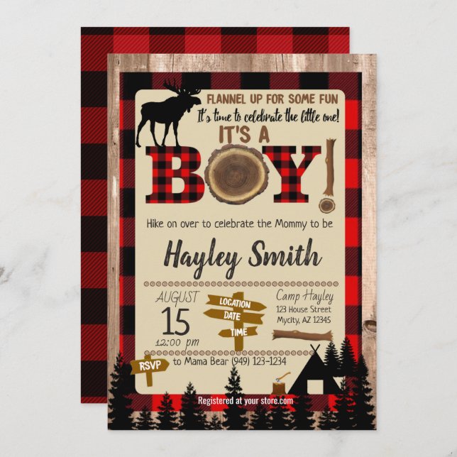 Invitación Moose Flannel arriba Lumberjack Plaid Baby Shower (Anverso / Reverso)