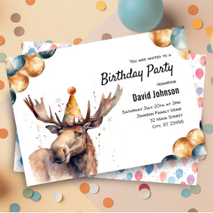 Invitación Moose Watercolor Woodland Animal Birday Party