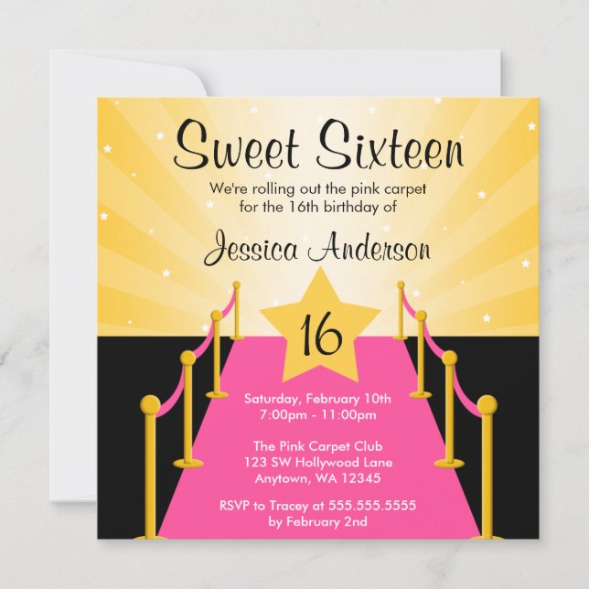 Invitación Moqueta rosa Hollywood Dulce fiesta de cumpleaños  (Anverso)