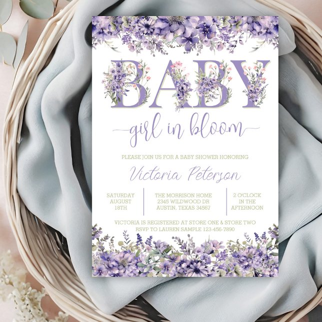 Invitación Morada acuarela Flora silvestre Baby Shower (Pretty purple lavender watercolor wildflower baby in bloom invitation with floral text.)