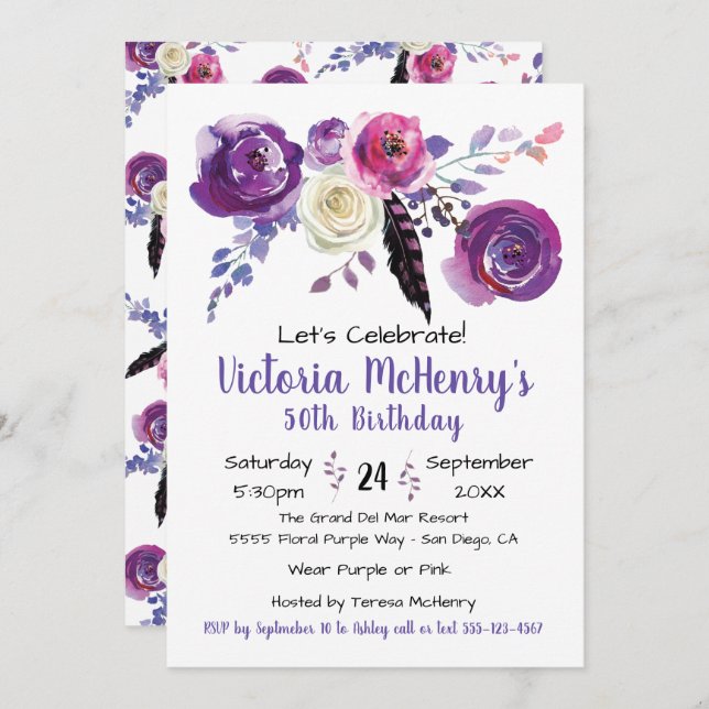 Invitación Morada acuarela Floral Boho cumpleaños (Anverso / Reverso)