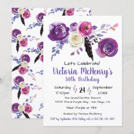 Invitación Morada acuarela Floral Boho cumpleaños