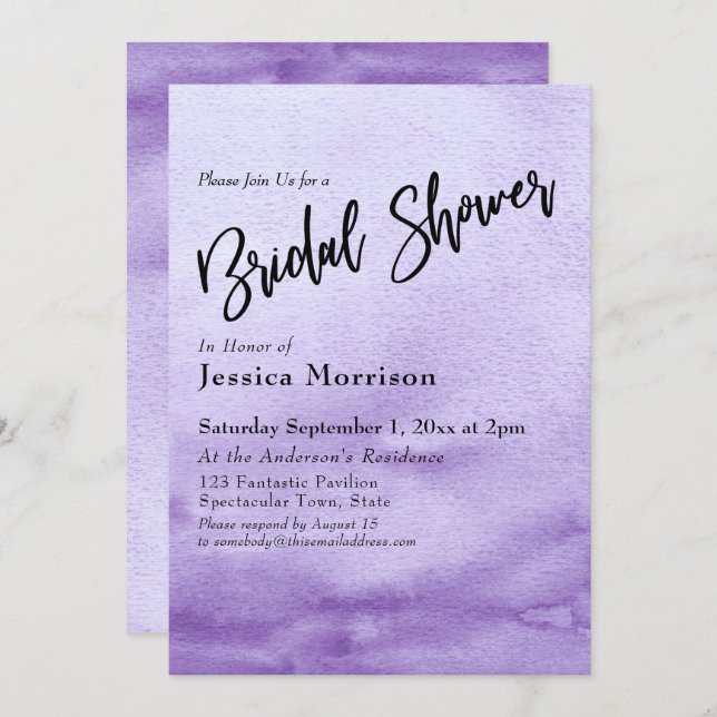 Invitación Morada acuarela Ombre Bridal Shower (Anverso / Reverso)