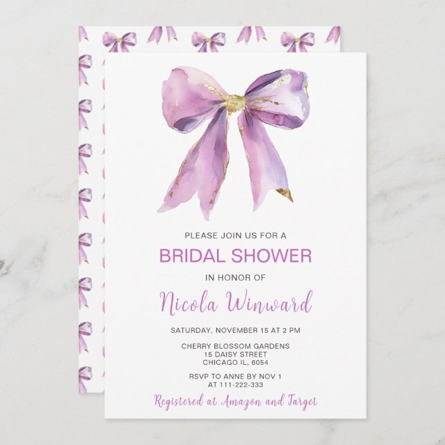 Invitación Morada Coquette Bow Bridal Shower
