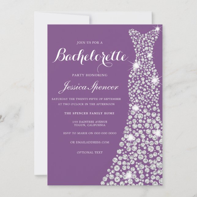 Invitación morada de Bachelorette Party, vestido b (Anverso)
