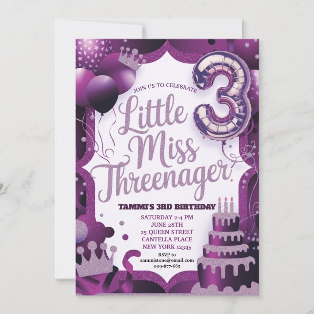 Invitación Morada de Little Miss Threenager (Anverso)