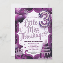 Invitación Morada de Little Miss Threenager