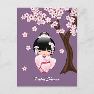 Invitación Morada de Muñeca Kokeshi Kimono Rosa Ka
