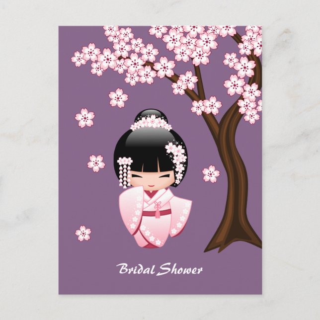 Invitación Morada de Muñeca Kokeshi Kimono Rosa Ka (Anverso)