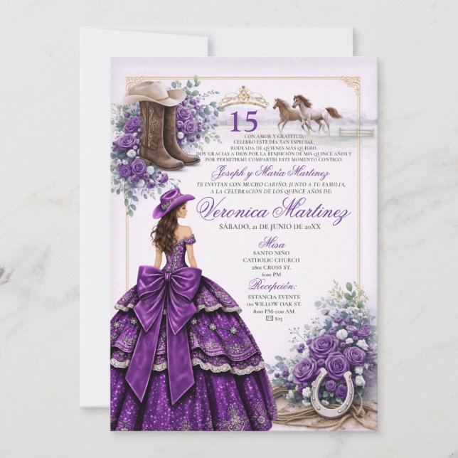 Invitación Morada de Quinceañera Occidental Vaquer (Anverso)