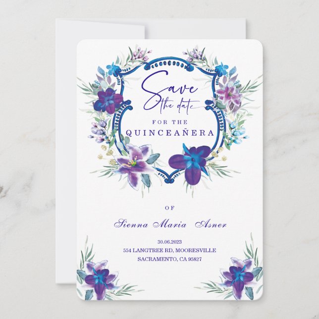 Invitación Morada de Save the Date para Quinceañer (Anverso)