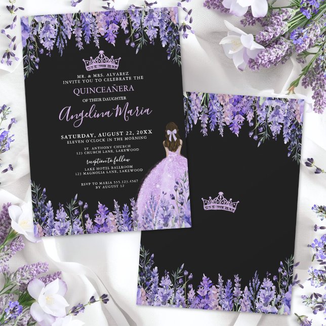Invitación Morada Floral de Quinceañera (Purple Floral Quinceanera Invitation)