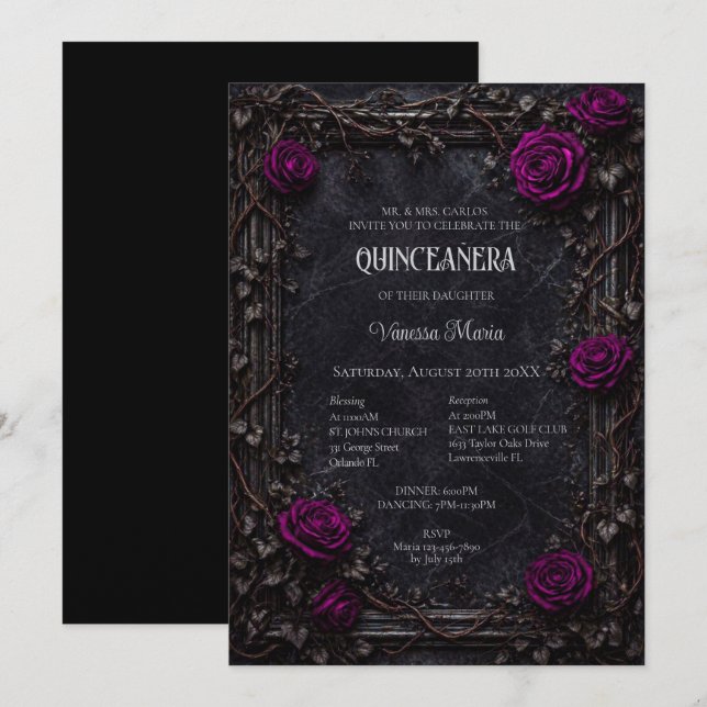 Invitación Morada Gótica de Floral de Halloween Qu (Anverso / Reverso)