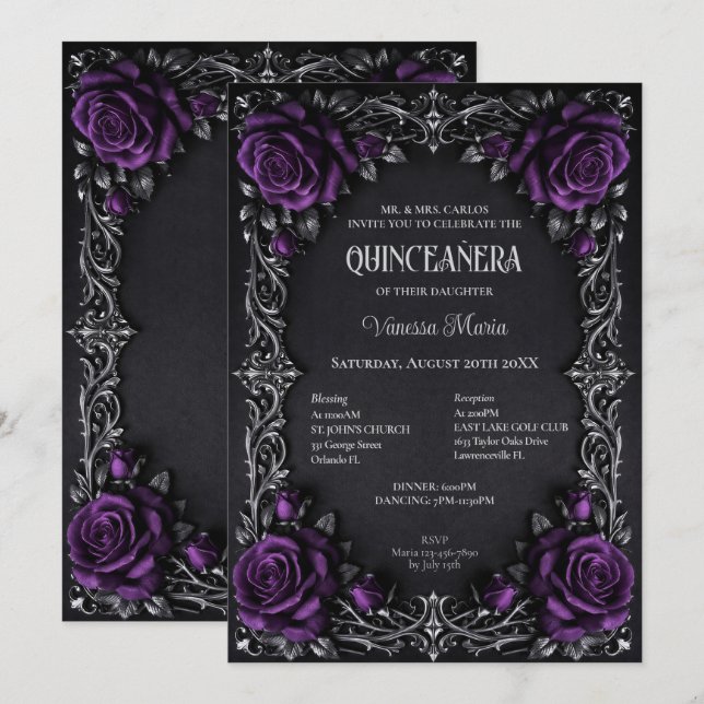 Invitación Morada Gótica de Flores de Halloween Qu (Anverso / Reverso)