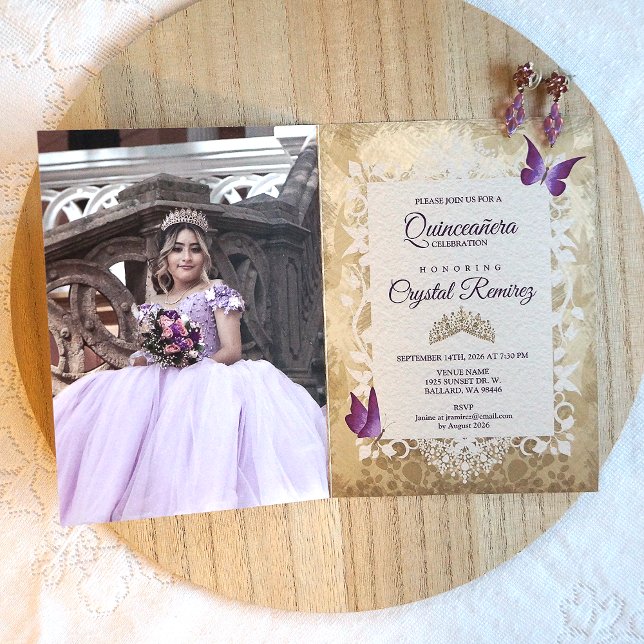 Invitación Morada Lavanda Vintage Quinceañera (vintage lavender, purple, beige butterfly quinceanera photo invitation)