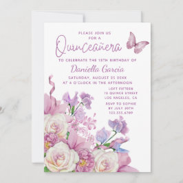 Invitación Morada Mariposa Acuarela Floral Quinceañera