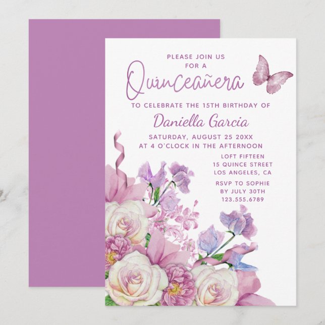 Invitación Morada Mariposa Acuarela Floral Quinceañera (Anverso / Reverso)