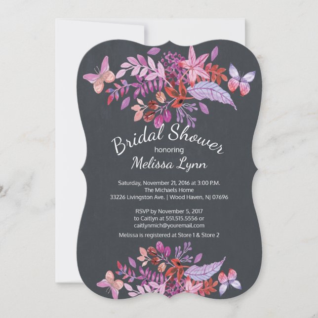 Invitación Morada Mariposa Floral Caída Británica Ducha (Anverso)
