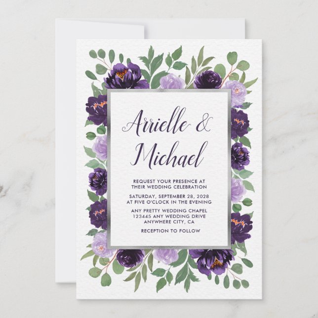 Invitación Morada Plata Floral acuarela Eucalyptus Boda (Anverso)