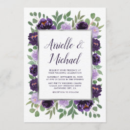 Invitación Morada Plata Floral acuarela Eucalyptus Boda