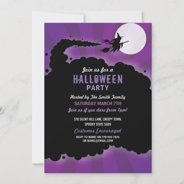 Invitación morada por miedo a la bruja del partido (Anverso)