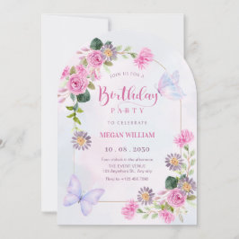 Invitación Morada rosa floral acuarela mariposa cumpleaños