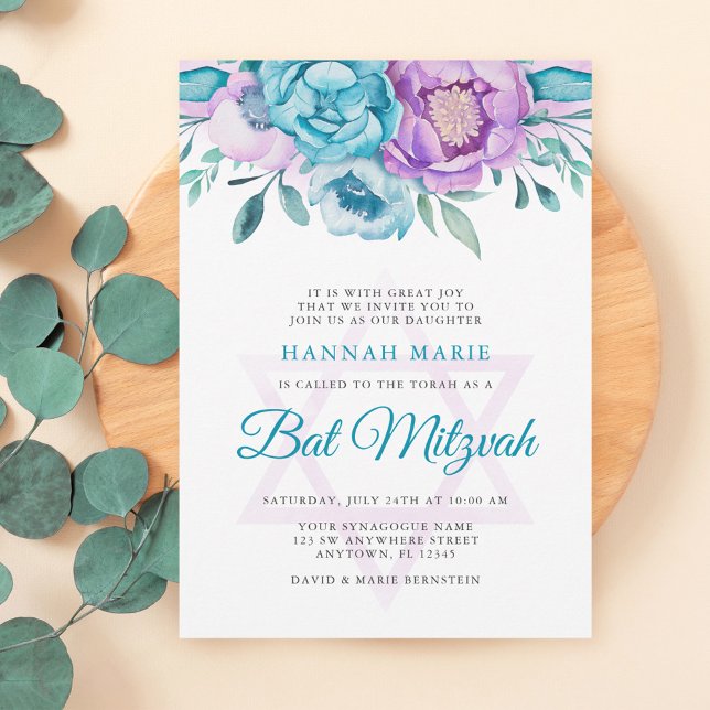 Invitación Morada Verde azulada acuarela Floral Bat Mitzvah (Subido por el creador)