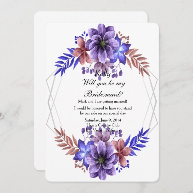 Invitación Morada Y Azul Acuarela Floral Bridesmaid (Anverso / Reverso)
