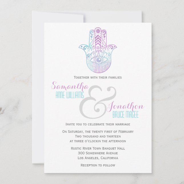 Invitación morada y azul Boda de mano de Hamsa (Anverso)