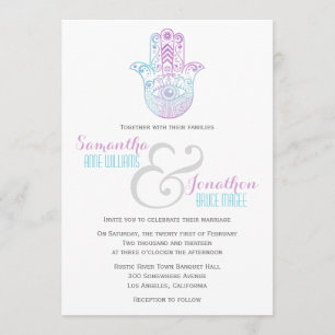 Invitación morada y azul Boda de mano de Hamsa
