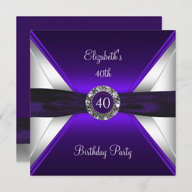 Invitación Morado 40.º cumpleaños Diamante Fiesta de Plata Bl (Anverso / Reverso)