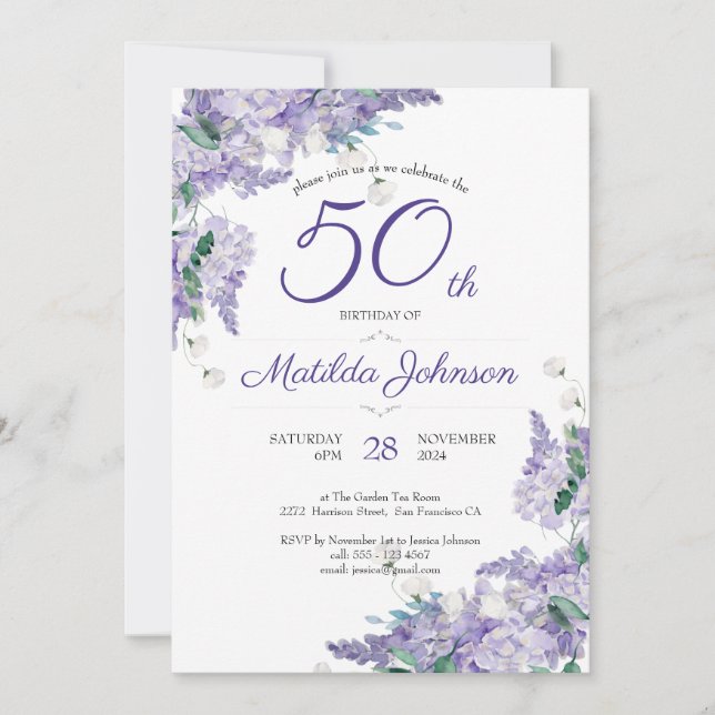 Invitación Morado 50.º cumpleaños Wisteria Floral acuática (Anverso)