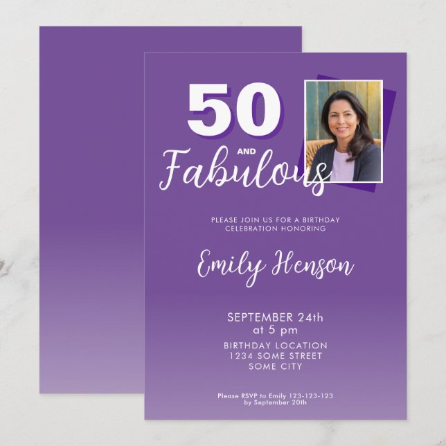 Invitación Morado 50 y fabulosa fiesta de cumpleaños 50 (Anverso / Reverso)