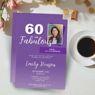 Invitación Morado 60 y fabulosa foto de fiesta de cumpleaños 