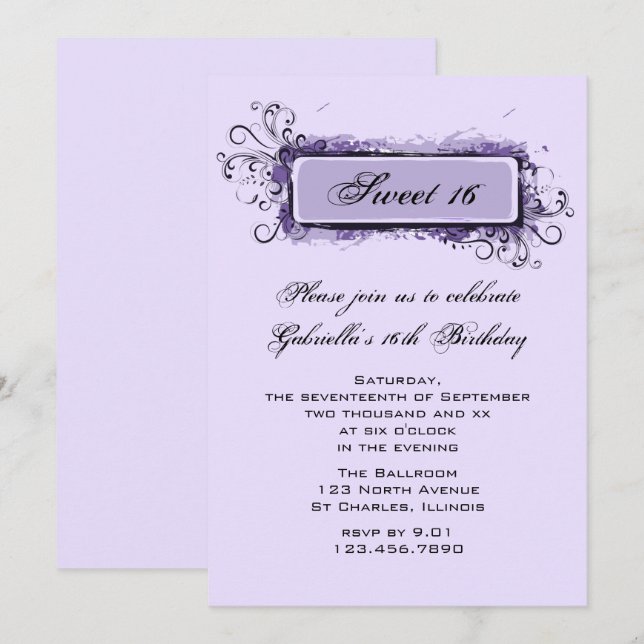 Invitación Morado Abstract Dulce Floral 16 Fiesta de Cumpleañ (Anverso / Reverso)