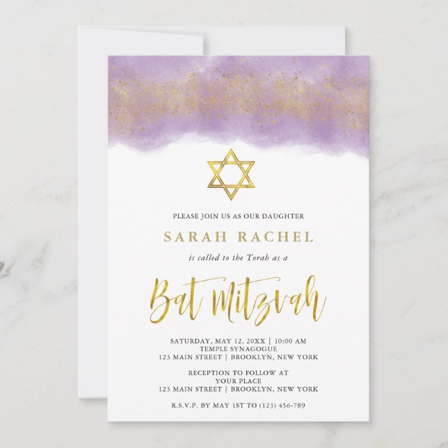 Invitación Morado acuarela | Bat Mitzvah, Purpurina de Faux d (Anverso)