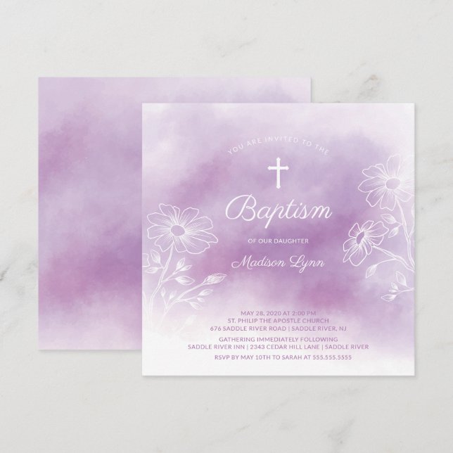 Invitación Morado acuarela bautismo cristiano (Anverso / Reverso)