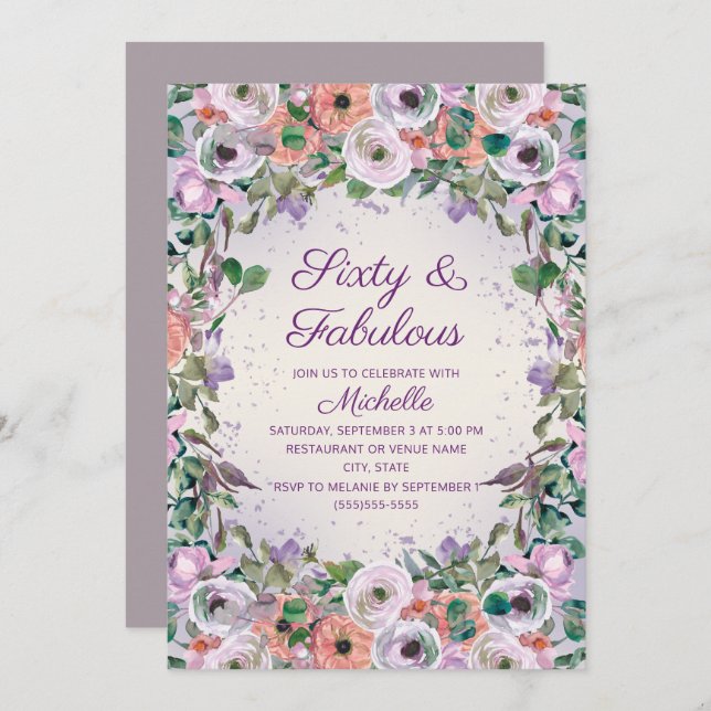 Invitación Morado acuarela Floral 60 Fabuloso cumpleaños (Anverso / Reverso)