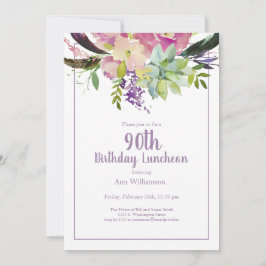 Invitación Morado acuarela Floral 90 cumpleaños