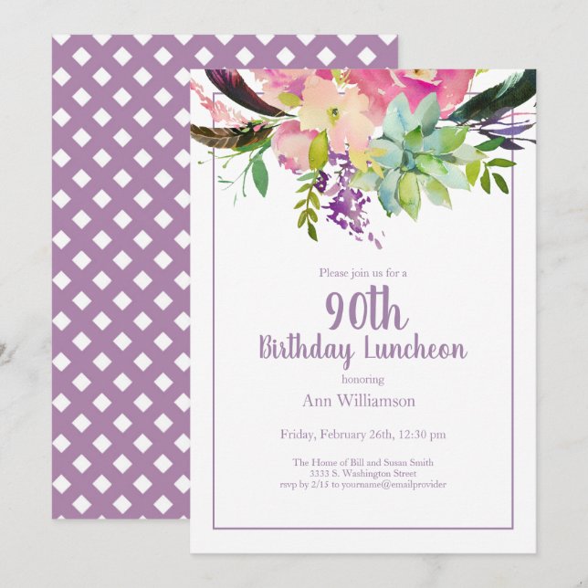 Invitación Morado acuarela Floral 90 cumpleaños (Anverso / Reverso)